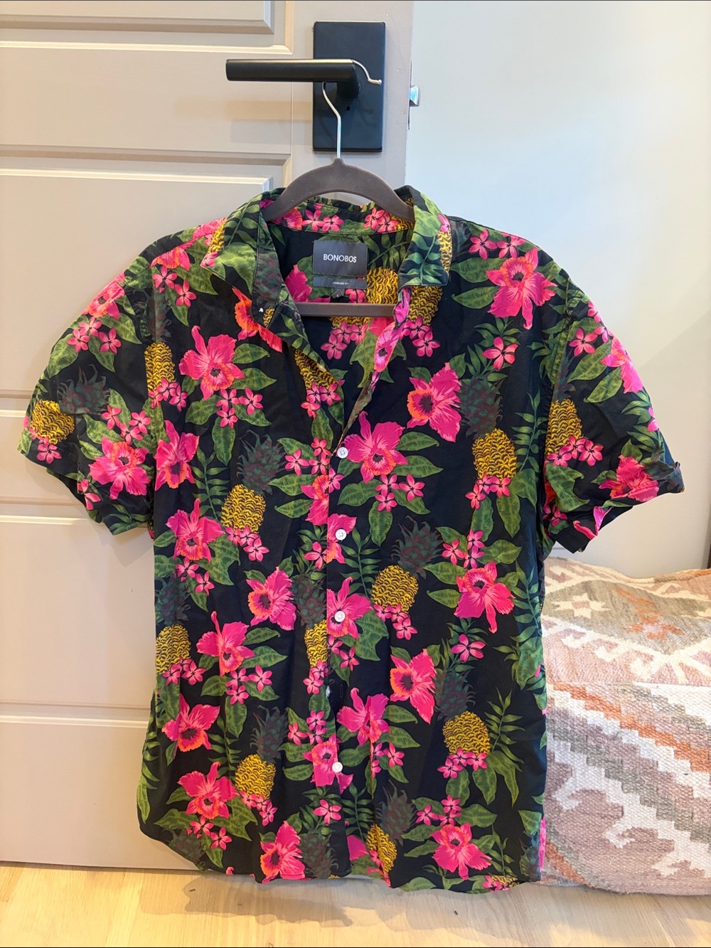 Bonobos Men’s Black Floral Short-Sleeve Button-Up Shirt - Pink & Green